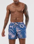 Asos Design Swim Shorts With Marble Print In Short Length-blue