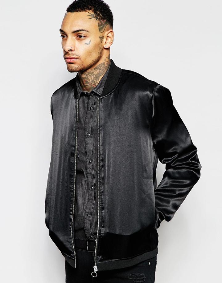Asos Sateen Bomber Jacket In Black - Black