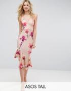 Asos Tall Floral Crepe Cross Back Step Hem Midi Dress - Pink