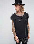 Asos Oversized Super Longline T-shirt With Fringe Hem And Roll Sleeve With Acid Wash - Black