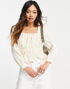 Mango Ruffle Detail Square Neck Shirred Blouse In Ecru-white