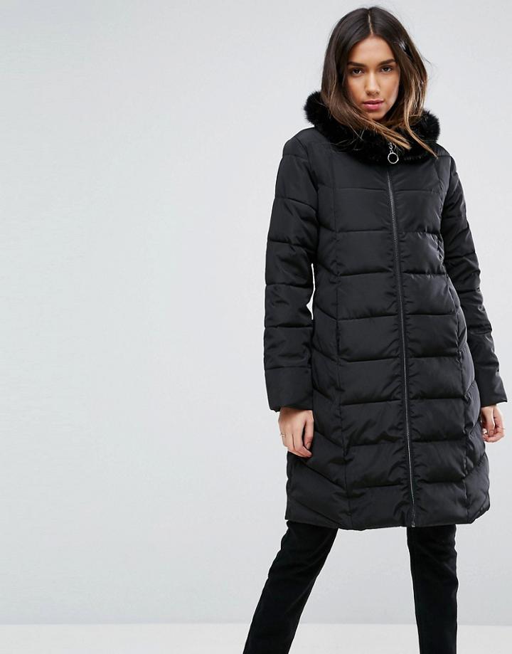 Asos Longline Puffer Coat With Faux Fur Trim Hood - Black