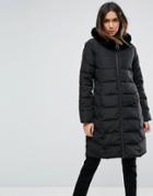 Asos Longline Puffer Coat With Faux Fur Trim Hood - Black