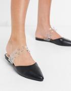 London Rebel Pointed Flat Mule With Studs In Black