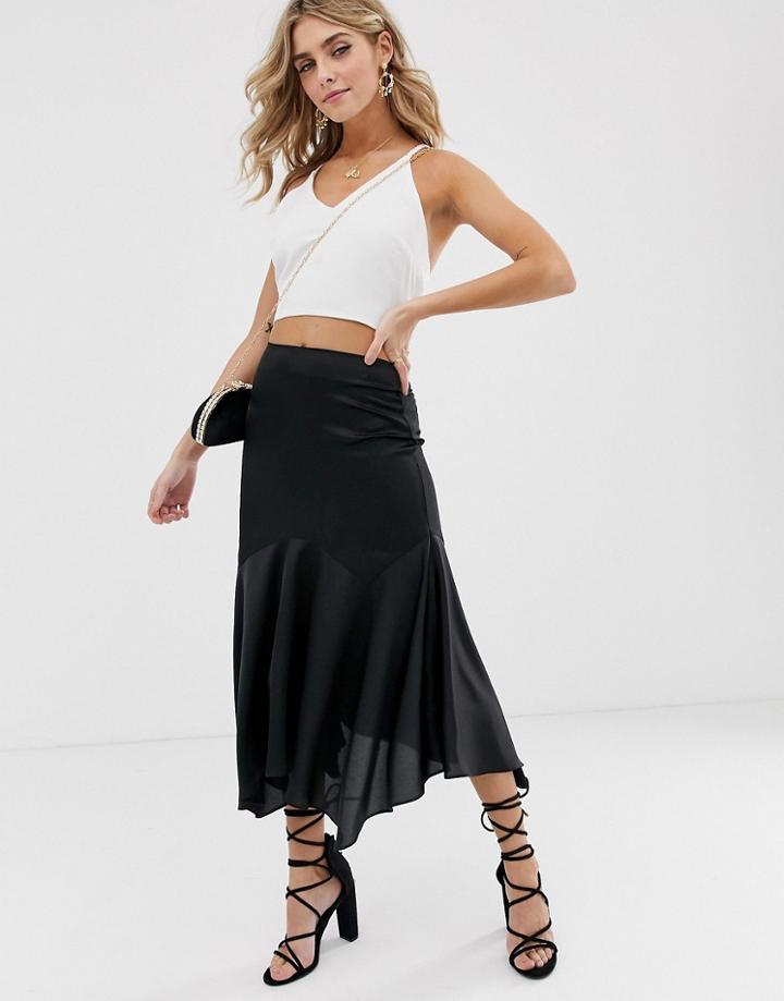 Asos Design Satin Midi Skirt With Drop Waist And Floaty Hem - Black