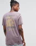 Asos Longline T-shirt With Distressing And Japanese Dragon Back Print - Violet Gray
