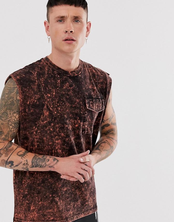 Asos Design Oversized Sleeveless T-shirt With Pocket In Bleach Tie Dye Wash - Orange