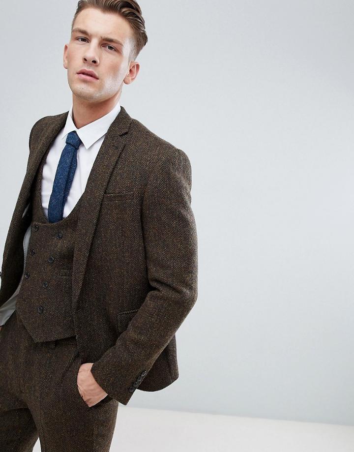 Asos Design Slim Suit Jacket In 100% Wool Harris Tweed In Brown Herringbone - Brown