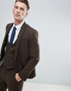 Asos Design Slim Suit Jacket In 100% Wool Harris Tweed In Brown Herringbone - Brown