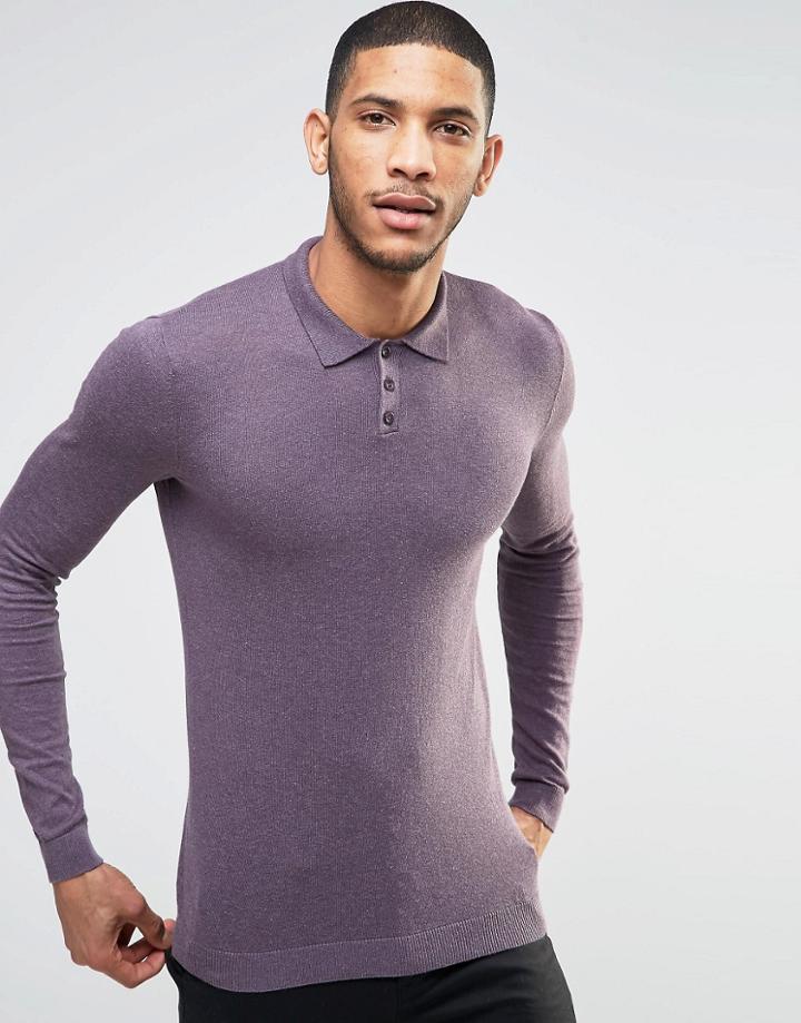 Asos Muscle Fit Knitted Polo In Purple - Purple