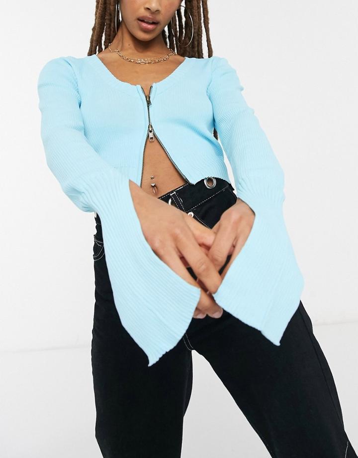 The Kript Zip Front Knitted Crop Cardigan Co-ord-blues