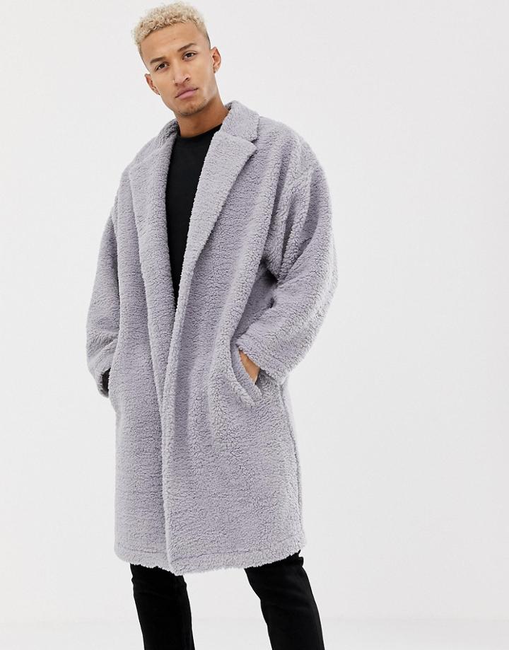 Asos Design Extreme Oversized Duster Jacket In Gray Borg - Gray