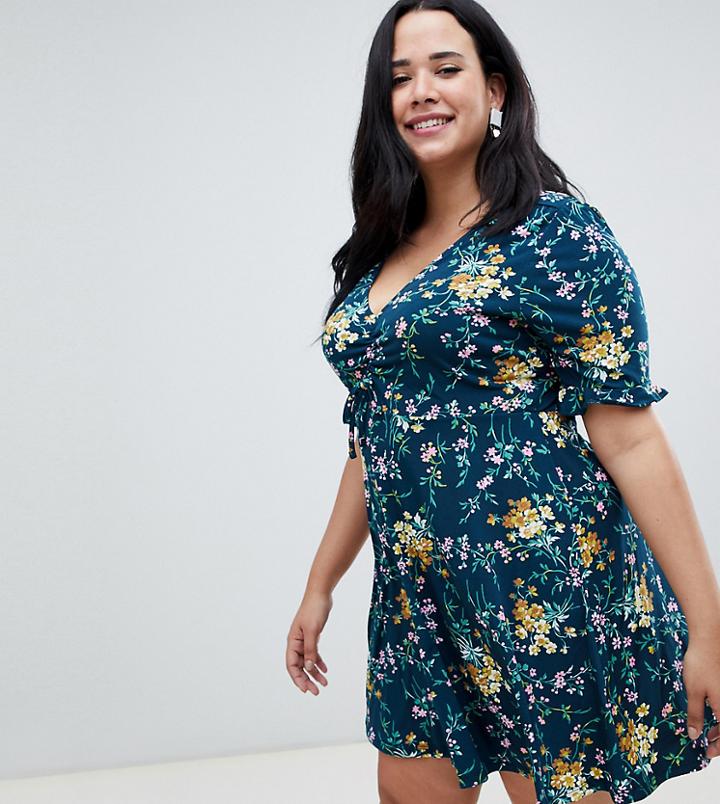 Oasis Curve Floral Skater Dress In Blue - Multi