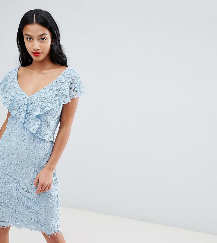 City Goddess Petite Lace Pencil Dress With Frill Overlay - Blue