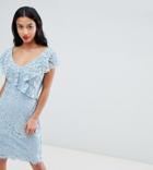 City Goddess Petite Lace Pencil Dress With Frill Overlay - Blue