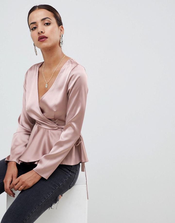 Asos Design Wrap Top In Satin With Pephem - Pink