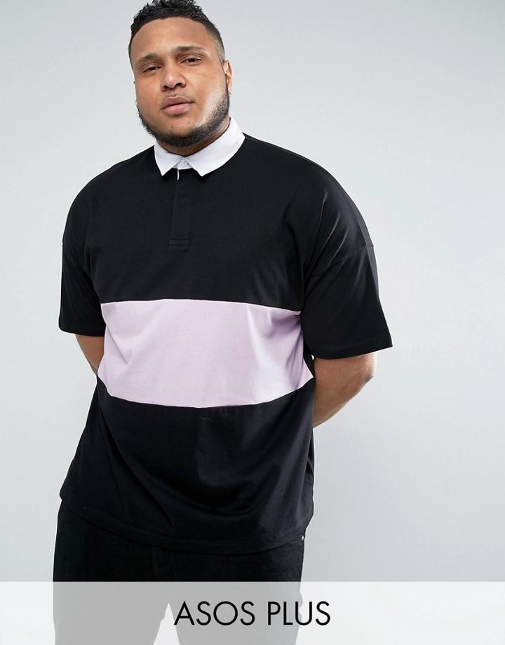 Asos Plus Oversized Rugby Polo Shirt With Contrast Panel In Black - Black