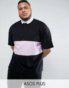Asos Plus Oversized Rugby Polo Shirt With Contrast Panel In Black - Black