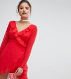 Prettylittlething Chiffon Ruffle Detail Dress - Red