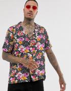 Asos Design Relaxed Fit Floral Spot Shirt With Deep Revere - Black