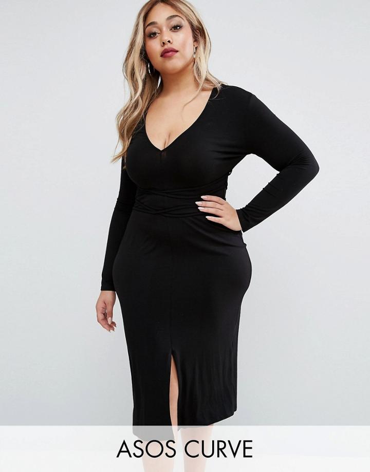 Asos Curve Deep Plunge Wrap Ties Midi Dress - Black