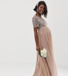 Maya Maternity Bridesmaid V Neck Maxi Tulle Dress With Tonal Delicate Sequins In Taupe Blush - Brown
