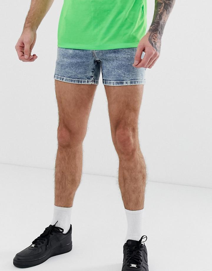 Asos Design Denim Shorts In Shorter Length Acid Wash Blue