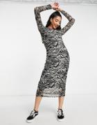 Pieces Mesh Midi Dress In Black Swirl Print-multi