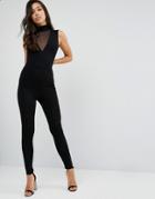 Asos Jersey Jumpsuit With High Neck And Mesh V Inserts - Black
