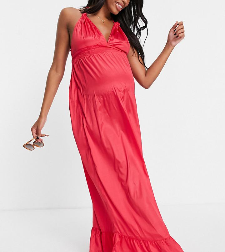 Asos Design Maternity Tiered Skinny Tie Maxi Beach Dress In Raspberry-pink