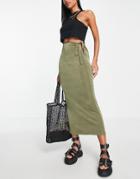 Topshop Cut Out Tie Waist Slink Jersey Midi Skirt In Khaki-green