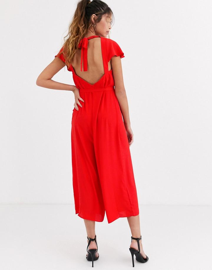 Asos Design Frill Sleeve Jumpsuit With Cut Out Back-red