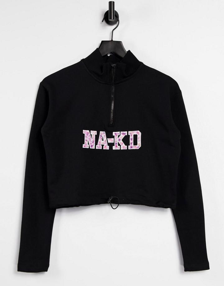 Na-kd Organic Cotton Zip Front Logo Sweatshirt In Black