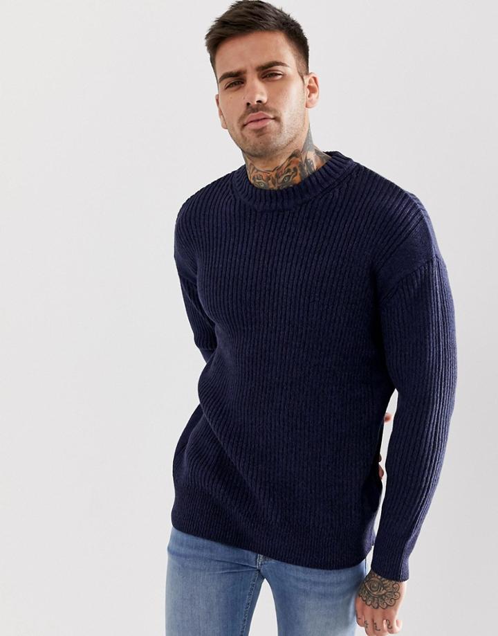 Bershka Ribbed Sweater In Navy - Blue