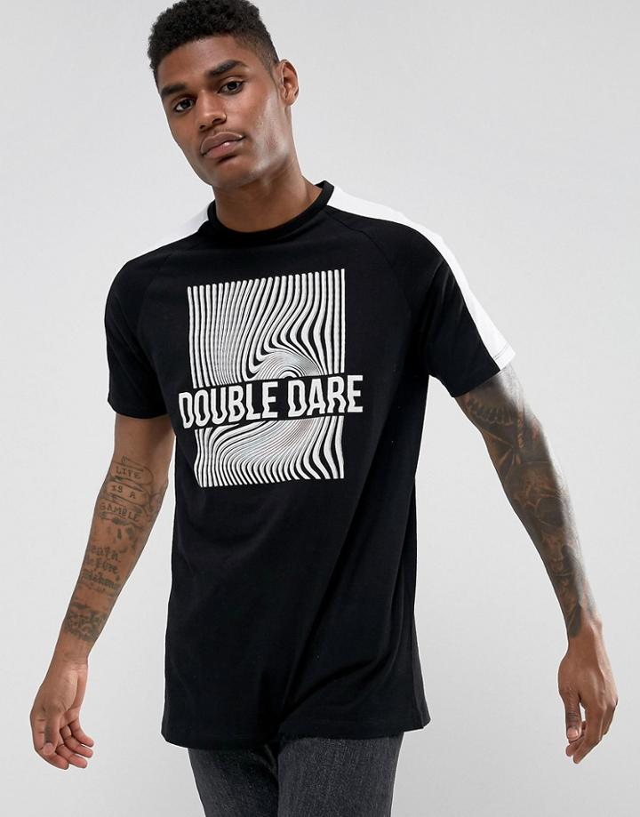 Asos Longline T-shirt With Abstract Text Print And Sleeve Panel Detail - Black