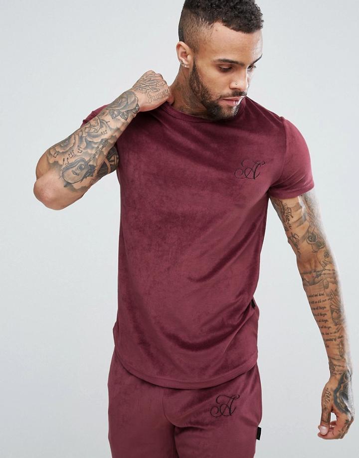 Ascend Slim Fit Velour T-shirt With Curved Hem - Red