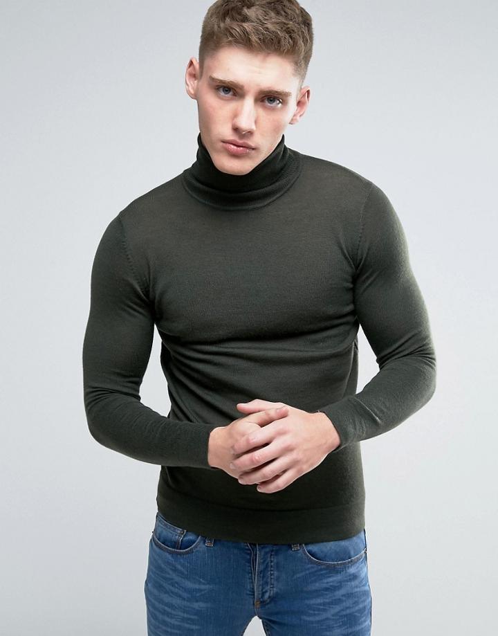 Lindbergh Sweater With Roll Neck In Khaki Merino Wool - Green