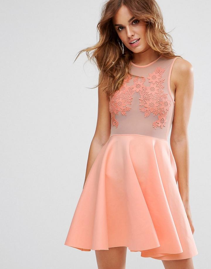 Asos Lace Applique & Mesh Mix Skater Mini Dress - Pink