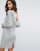 Miss Selfridge Metallic Beaded Cowl Back Dress - Silver
