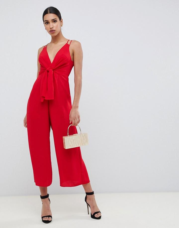 Asos Design Jumpsuit With Tie Front And Wide Leg-red
