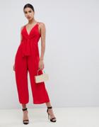 Asos Design Jumpsuit With Tie Front And Wide Leg-red