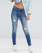 Noisy May Lucy Mid Waist Skinny Jeans With Destroy - Blue