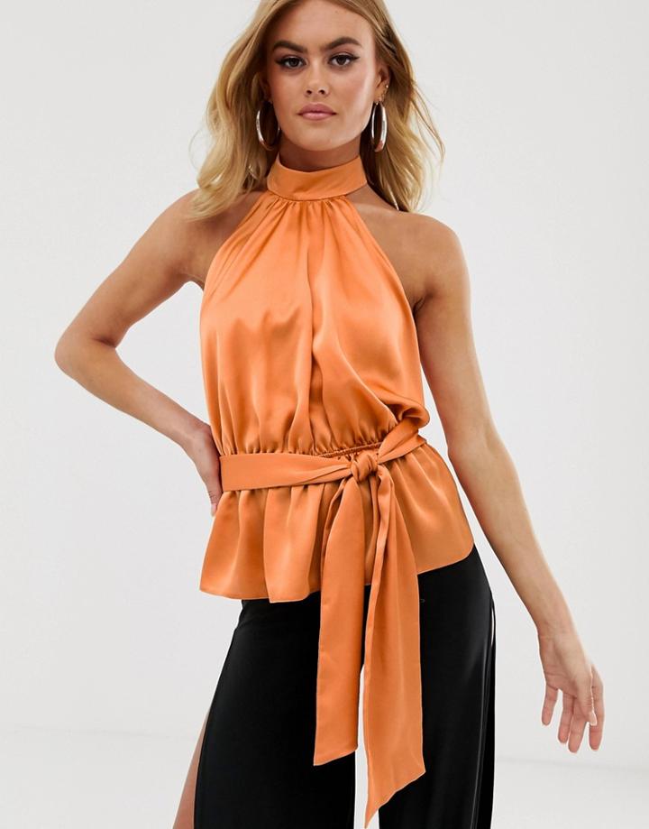 Asos Design Halter Top With Tie Detail In Satin-tan