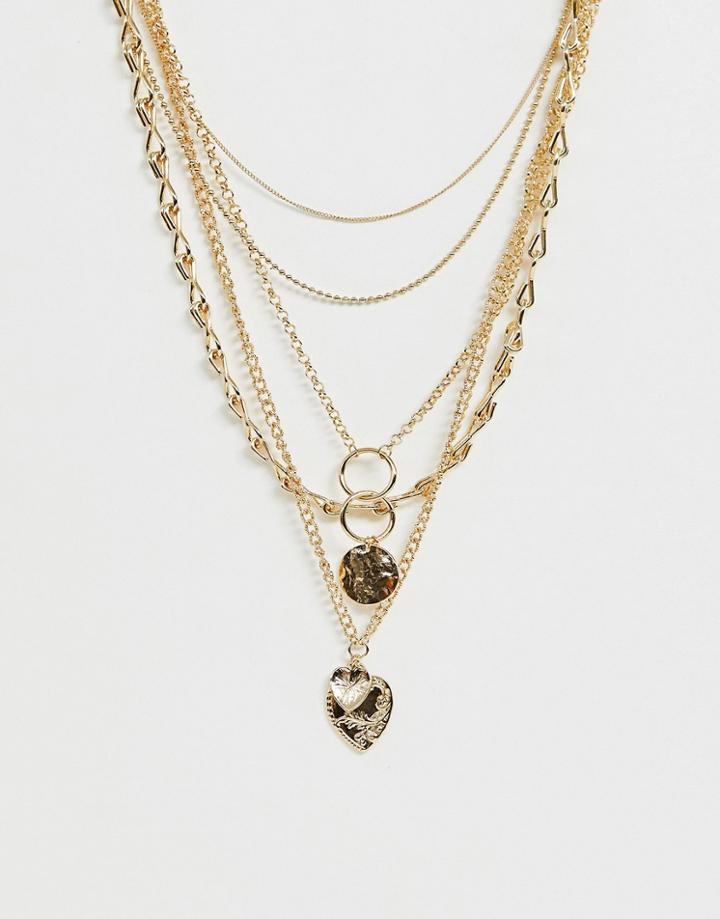 Asos Design Multirow Necklace With Worn Coin And Vintage Style Heart Pendants In Gold Tone - Gold