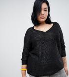 Junarose Sequin Knit V Neck Sweater - Black