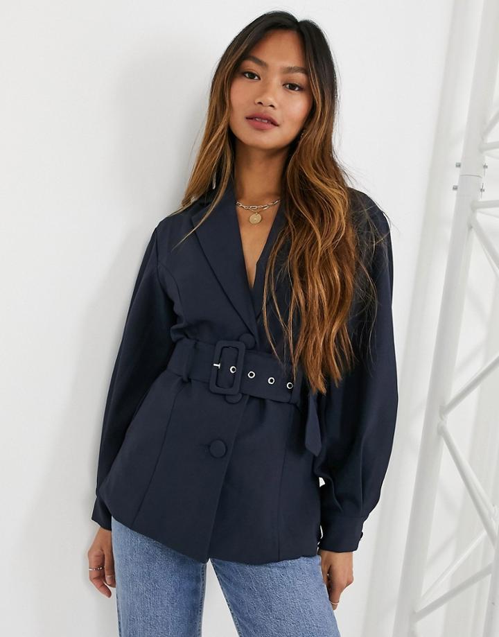 Y.a.s Tailored Blazer With Balloon Sleeves And Belted Waist In Navy