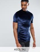 Asos Tall Muscle T-shirt With Turtleneck In Velour - Navy