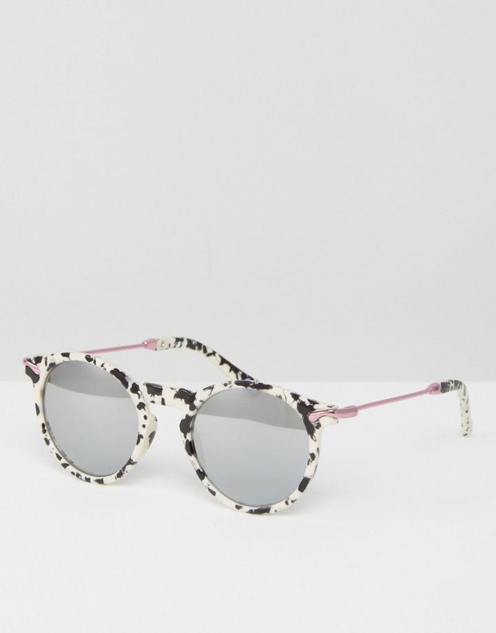Asos Round Sunglasses With Metal Arms And Mirror Lens In 90s Mono Marble - Black
