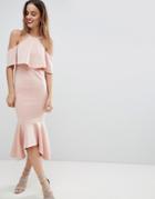 Asos Ruffle Cold Shoulder Asymmetric Pephem Midi Dress - Pink