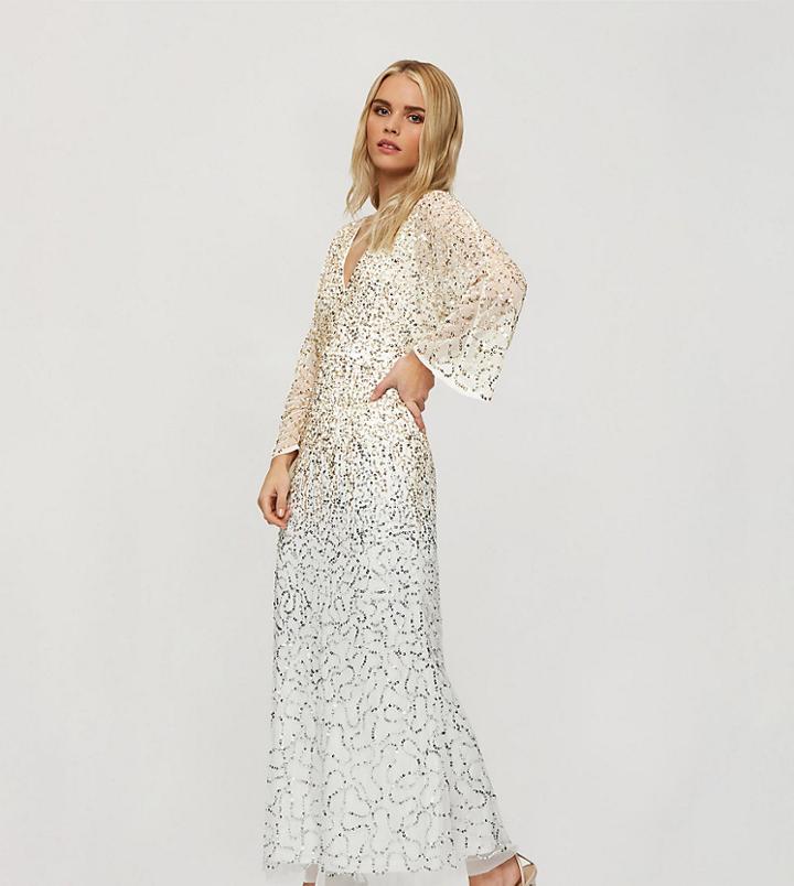 Miss Selfridge Petite Maxi Sequin Dress With Open Back Detail In Gold-white
